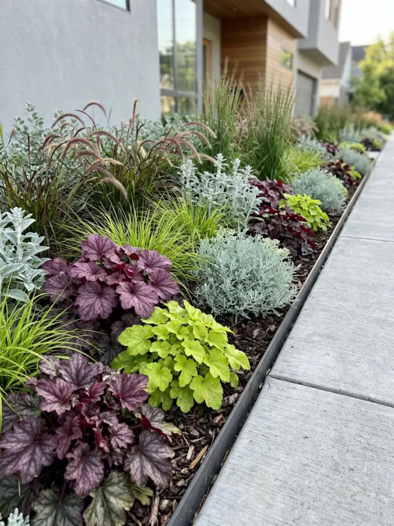 A modern narrow flower bed focused on textured foliage rather than blooms, designed in a contemporary minimalist garden style.