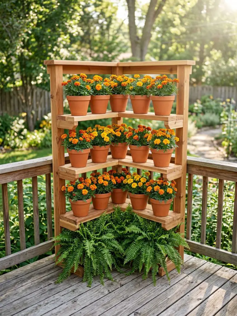 A compact tiered corner planter on a wooden deck designed in a modern rustic style, featuring terracotta pots filled with vibrant marigolds.