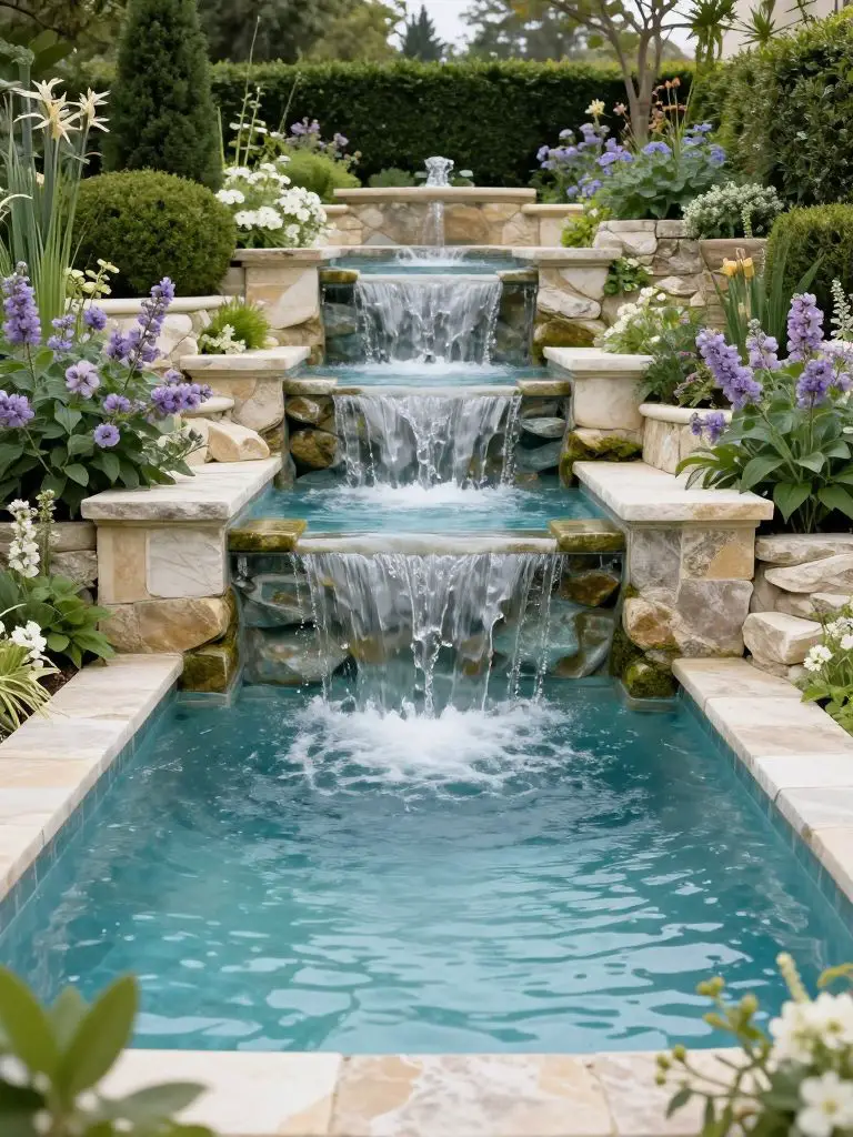 A tiered garden natural swimming pool backyard with cascading waterfalls integrated into terraced landscaping, designed in a classic Europea.
