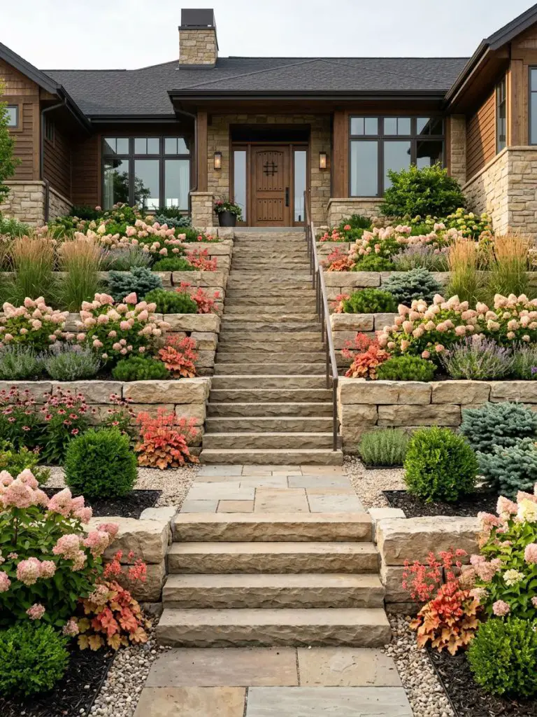A grand tiered front yard flower bed in a warm minimalist and modern rustic style built around stone steps leading to a home entrance.