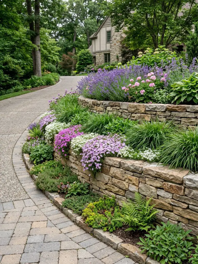A tiered driveway flower bed featuring stone retaining walls with cascading plantings.