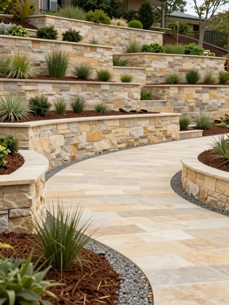 A sloped driveway landscaping design featuring tiered stone retaining walls built into a hillside, showcasing a structured yet natural look.