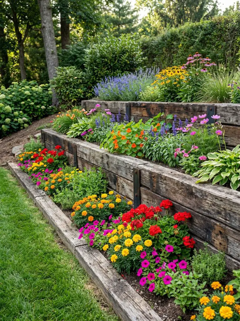 A tiered backyard retaining wall constructed from weathered timber beams in a warm minimalist and modern rustic style, featuring three disti.