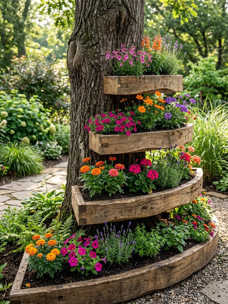 A layered tree flower bed designed with tiered wooden steps wrapping around a mature trunk in a rustic-modern garden style.