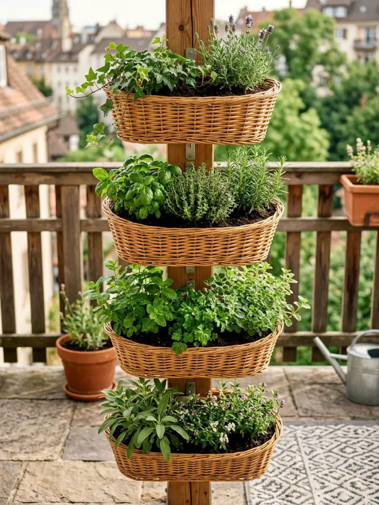A vertical tiered wicker basket stand holding multiple levels of planted greenery and herbs, designed for compact outdoor spaces like patios.