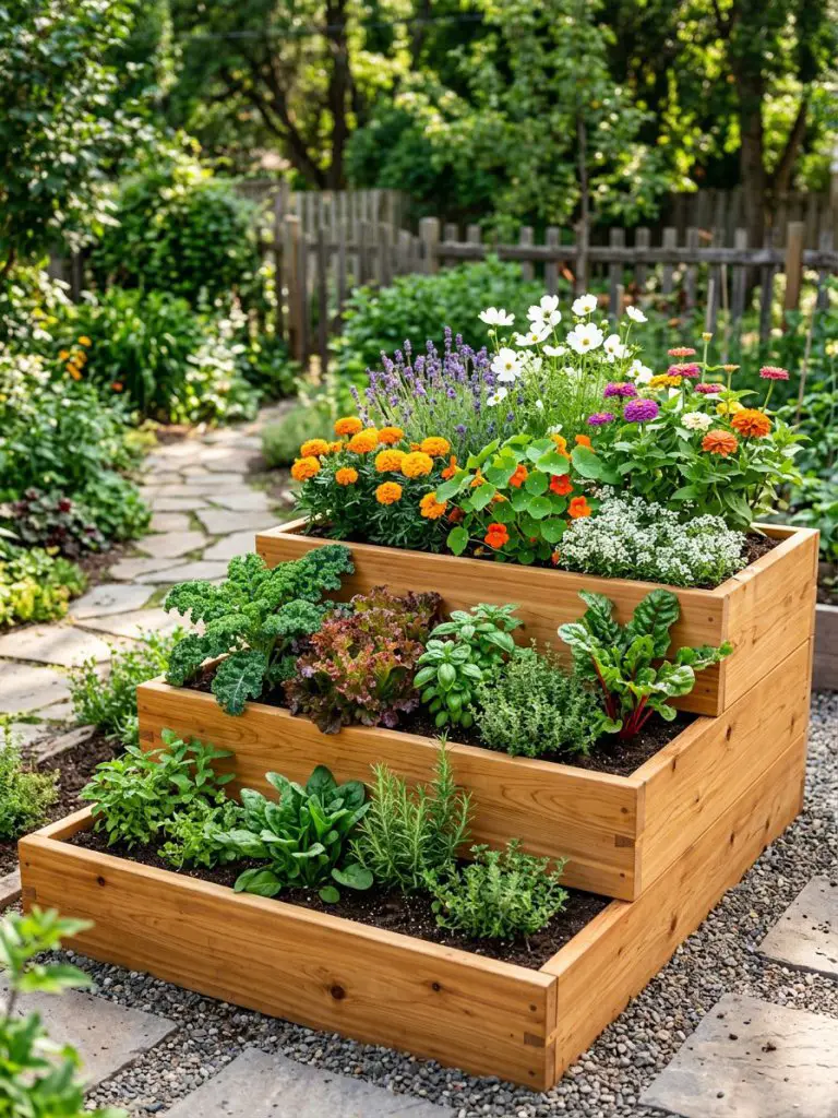 A tiered wooden raised garden bed arranged in a stepped configuration, crafted from warm cedar planks with visible grain and smooth edges, f.