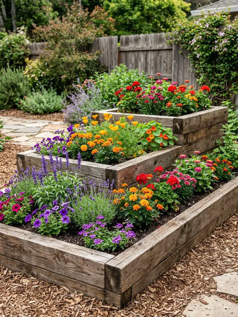 Tiered wooden raised flower beds arranged in a backyard garden with a modern rustic aesthetic.