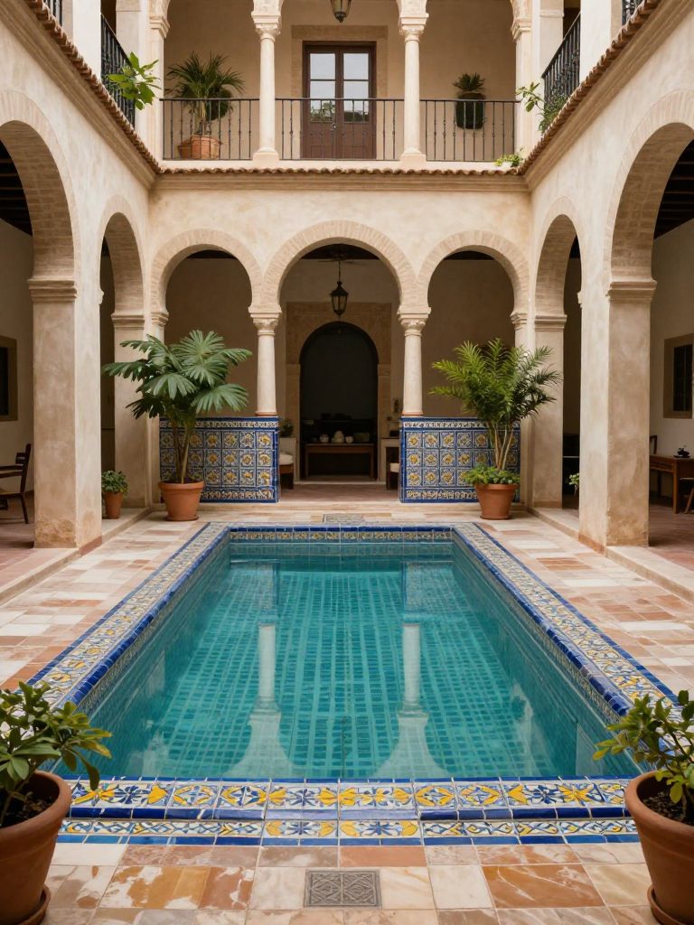 A traditional Mediterranean courtyard pool with decorative tile borders and classic architectural detailing.