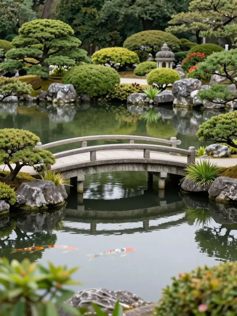 A tranquil Japanese landscape garden featuring a curved stone bridge over a calm pond, surrounded by sculpted shrubs and layered greenery.