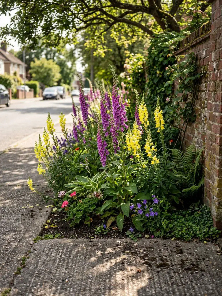A narrow but lush flower bed situated between a concrete sidewalk and a garden wall.