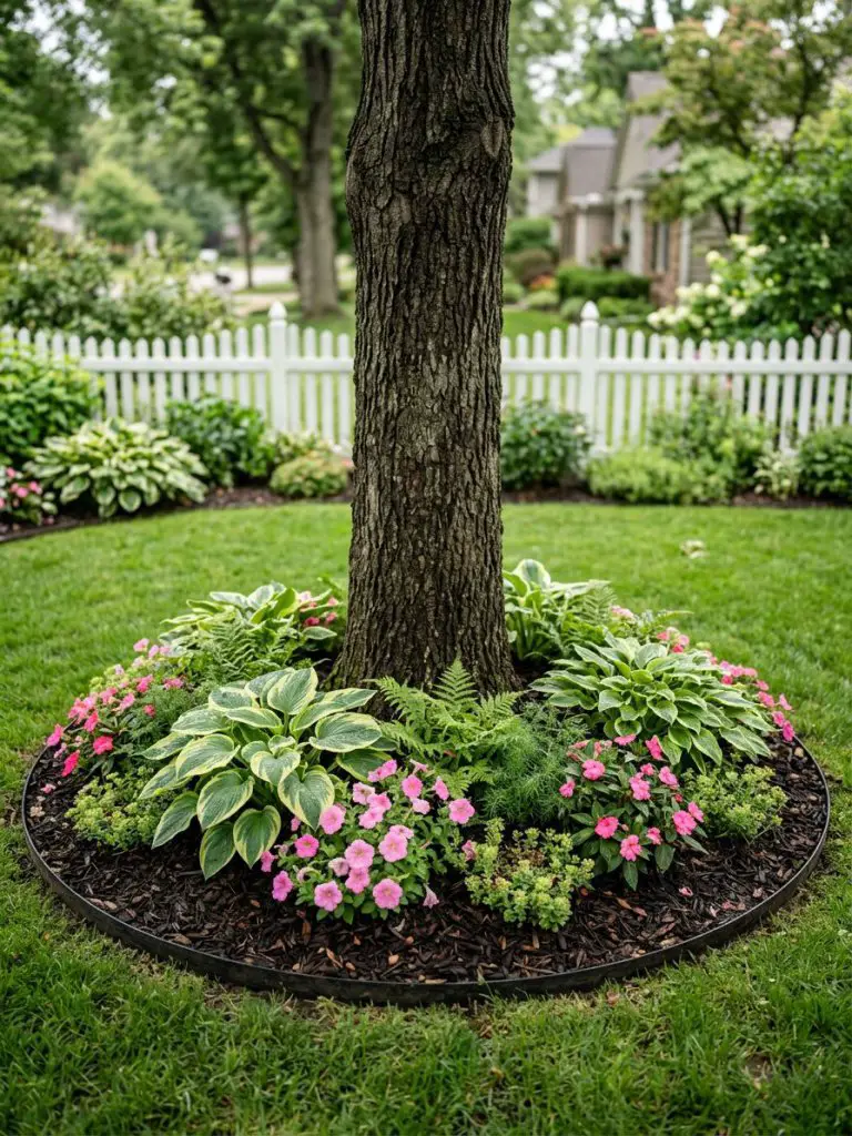 A neatly landscaped tree base flower bed forming a circular border around a mature tree trunk.