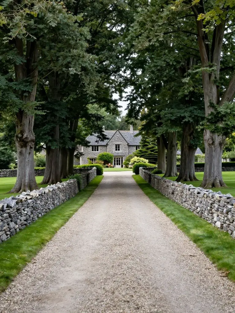 A tree-lined driveway with a natural canopy in a refined countryside estate design, bordered by low stacked stone walls and neatly trimmed g.