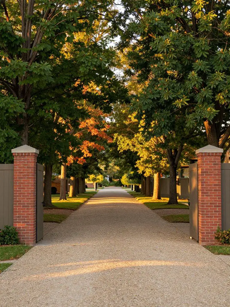 A wide country driveway entrance lined with tall trees and framed by classic brick pillars and simple fencing.