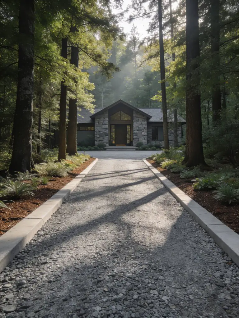 A straight gravel driveway set within a lush woodland landscape, designed in a naturalistic modern rustic style.