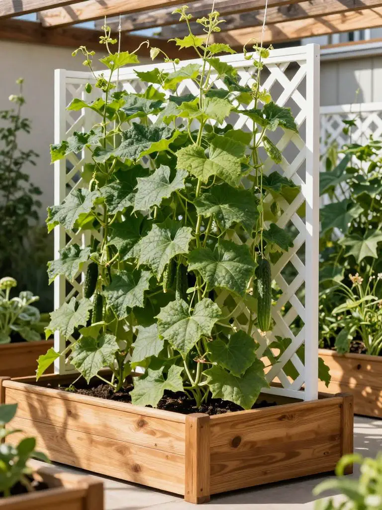 A raised vegetable bed with a vertical trellis in a modern rustic backyard, designed for climbing plants like cucumbers and squash.