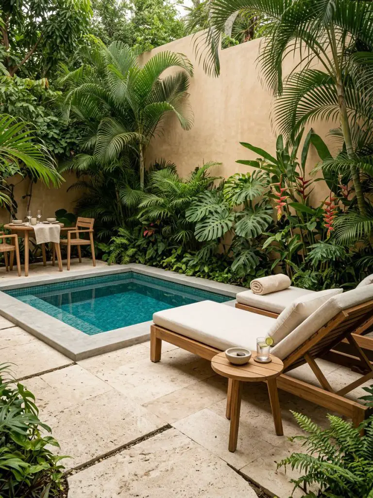 A compact tropical courtyard plunge pool styled in warm minimalist and modern resort design, featuring a small square pool with blue-green m.