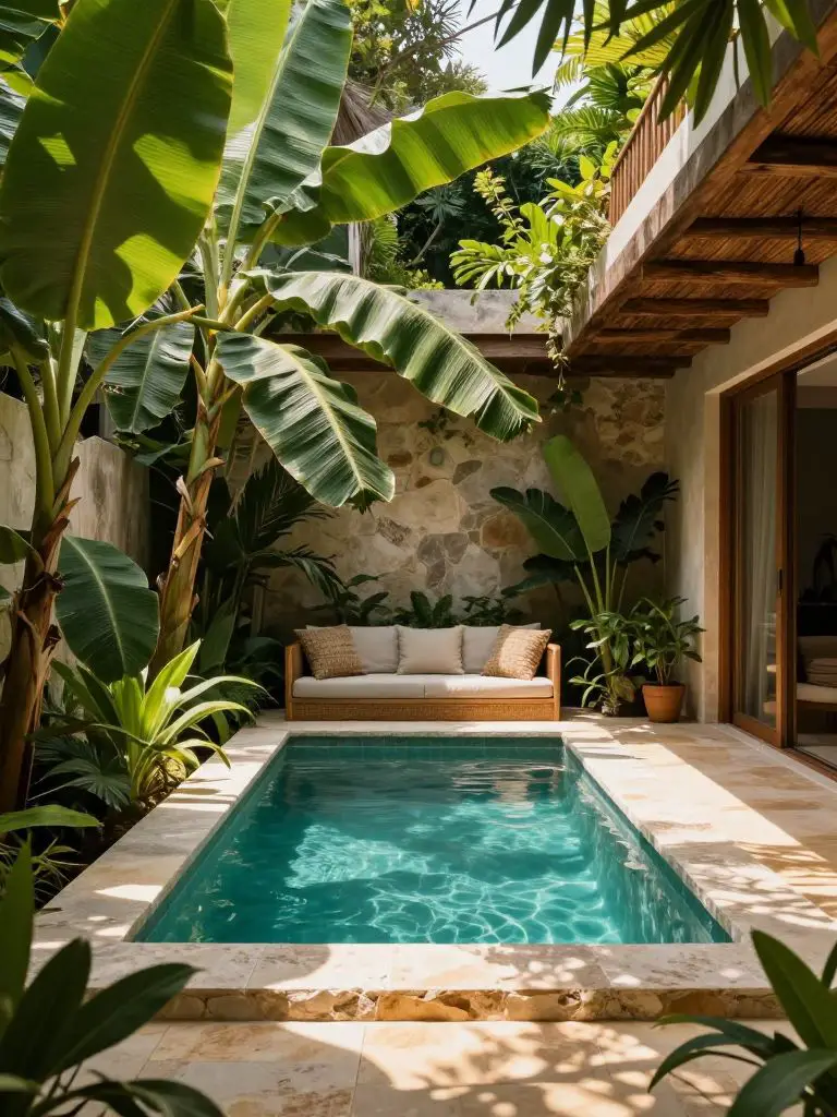 A tropical courtyard pool designed in a modern rustic style, surrounded by oversized banana leaves and lush greenery creating a private sanc.