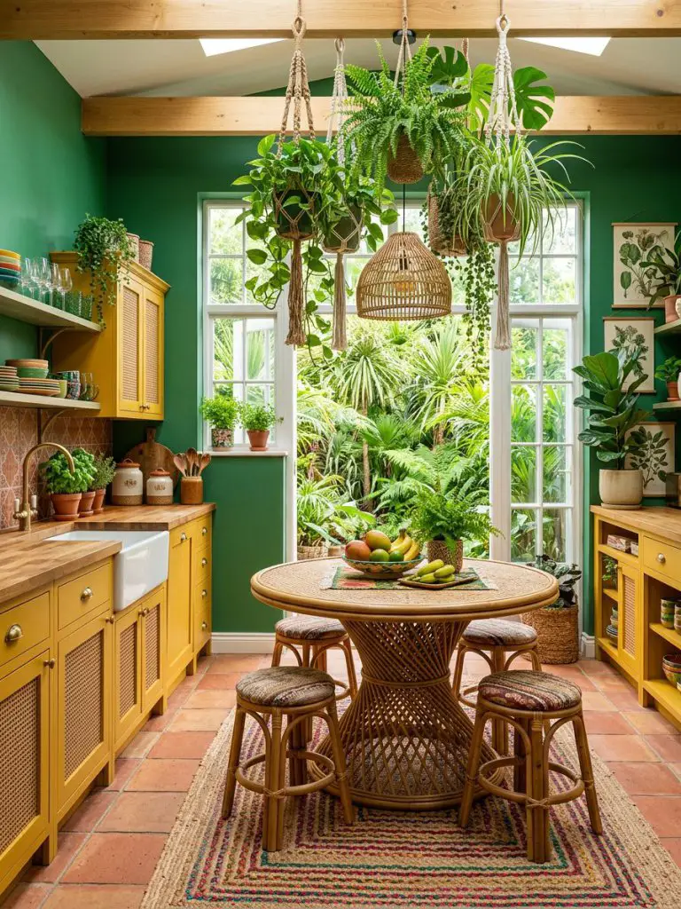 A vibrant boho kitchen infused with tropical energy, featuring rich green walls and bold yellow cabinetry in a Modern Rustic and tropical bo.