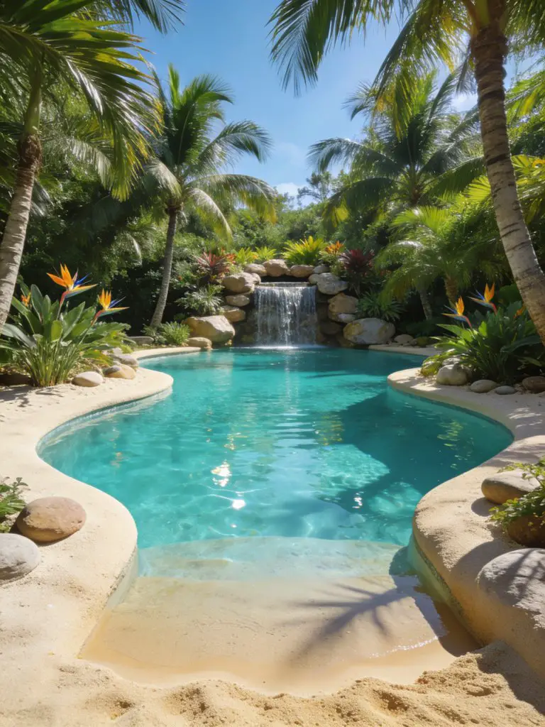 A tropical-style backyard pond pool with sandy edges and lush palm trees surrounding the water.