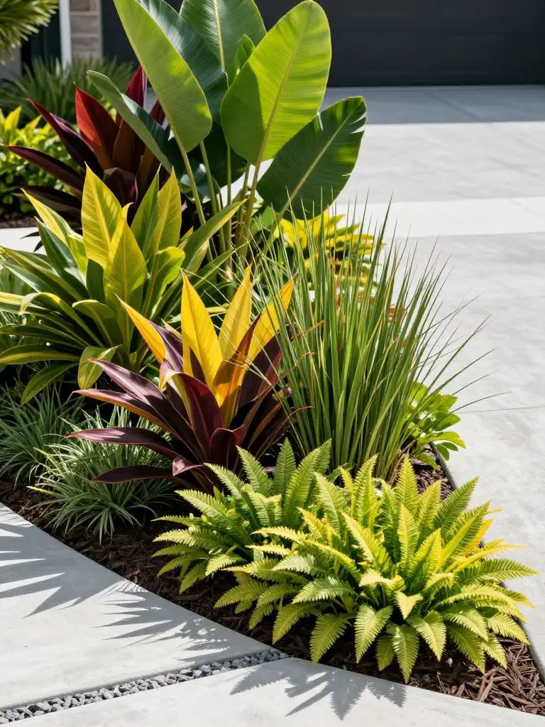 A bold tropical-inspired driveway border featuring layered foliage with contrasting shapes and colors in a modern landscape setting.