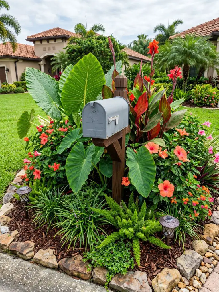 A tropical-inspired mailbox flower bed filled with bold foliage and vibrant blooms.