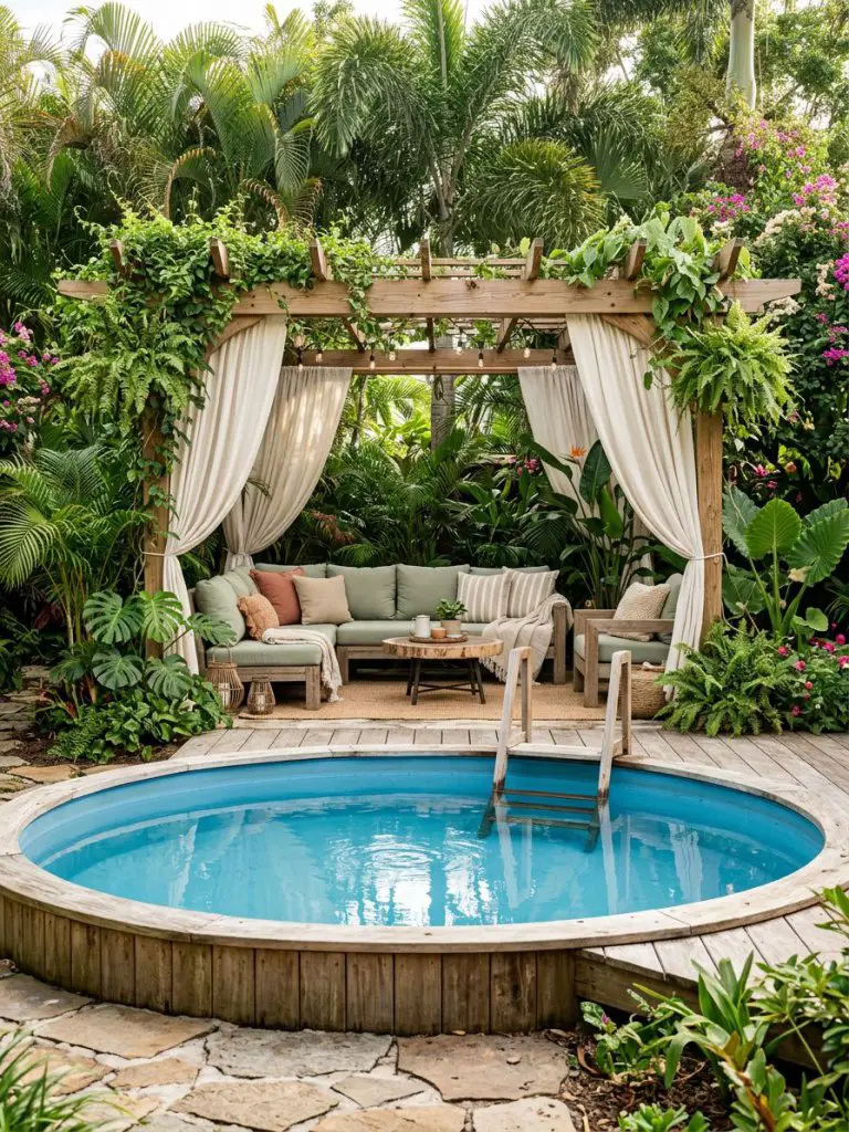 A tropical-inspired above ground pool surrounded by lush greenery and a wooden pergola lounge area in a relaxed boho-modern rustic style.