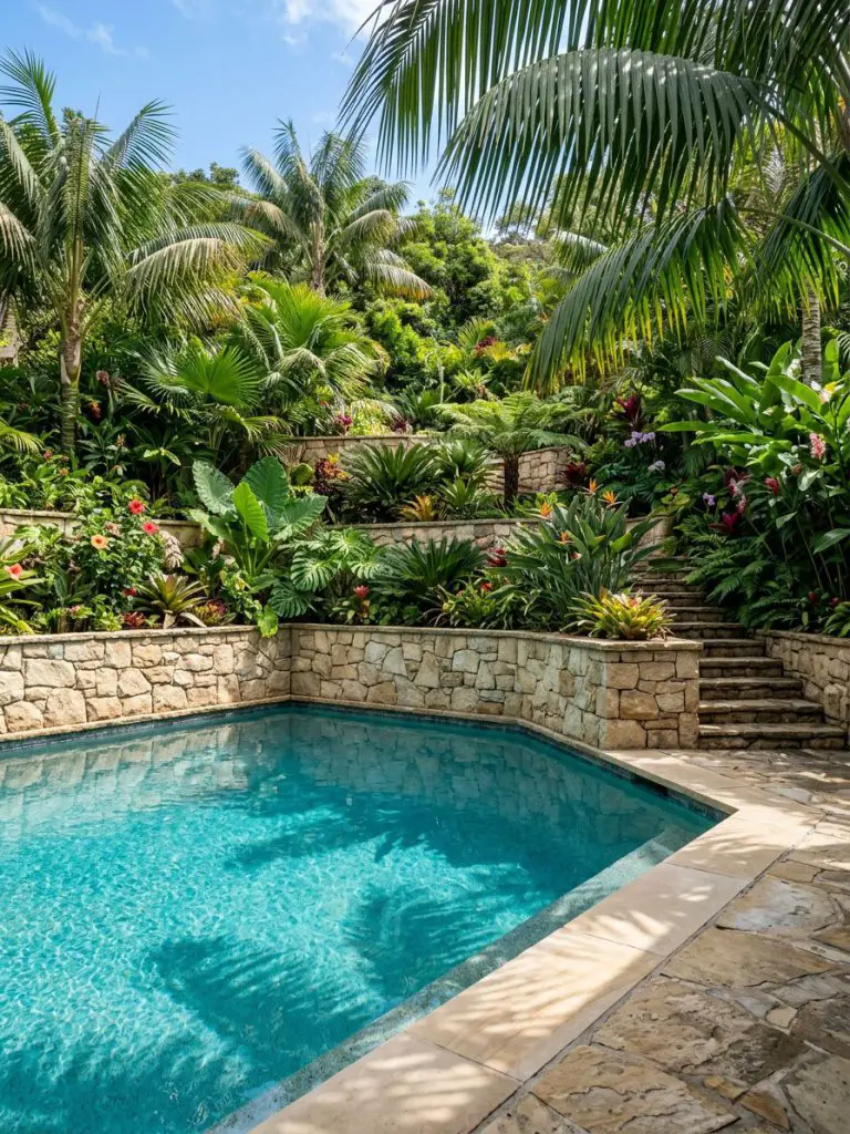 A tropical-inspired pool set into a sloped backyard with tiered retaining walls and lush greenery.