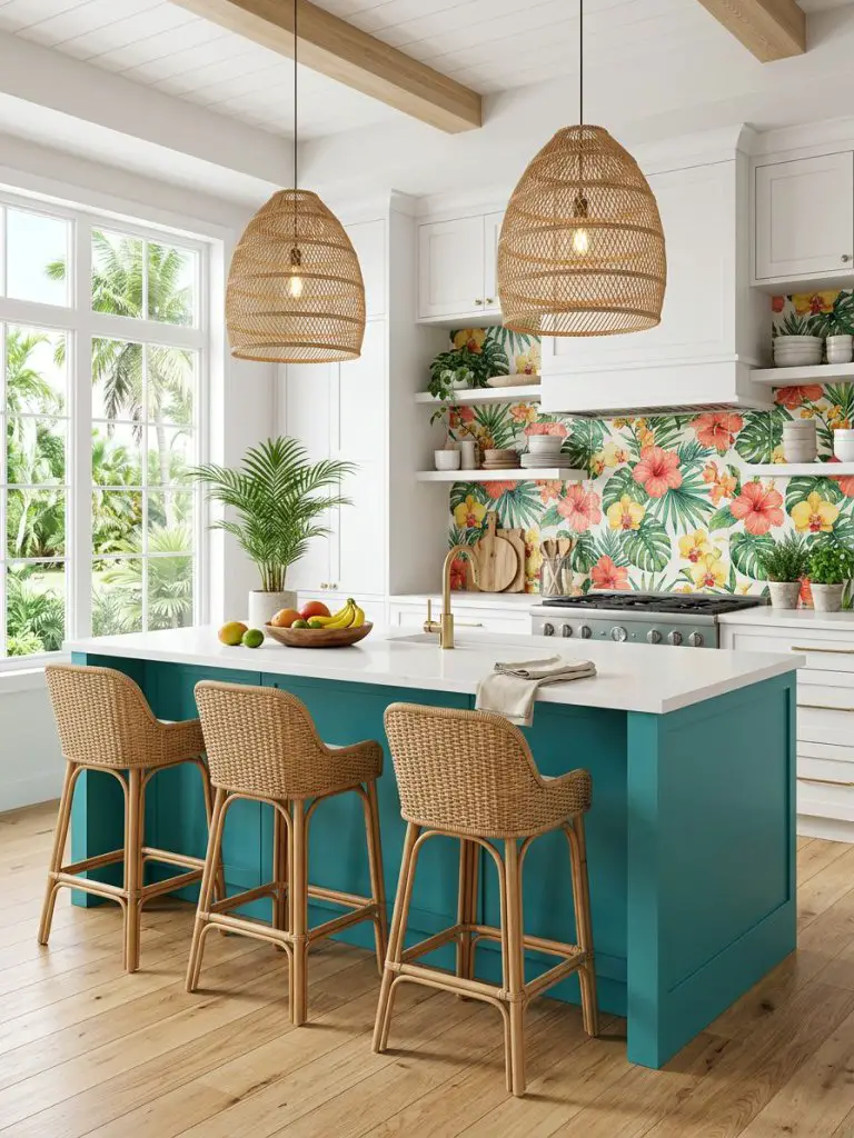 A tropical-inspired kitchen featuring a teal kitchen island with a crisp white quartz countertop, positioned centrally in a bright and airy.