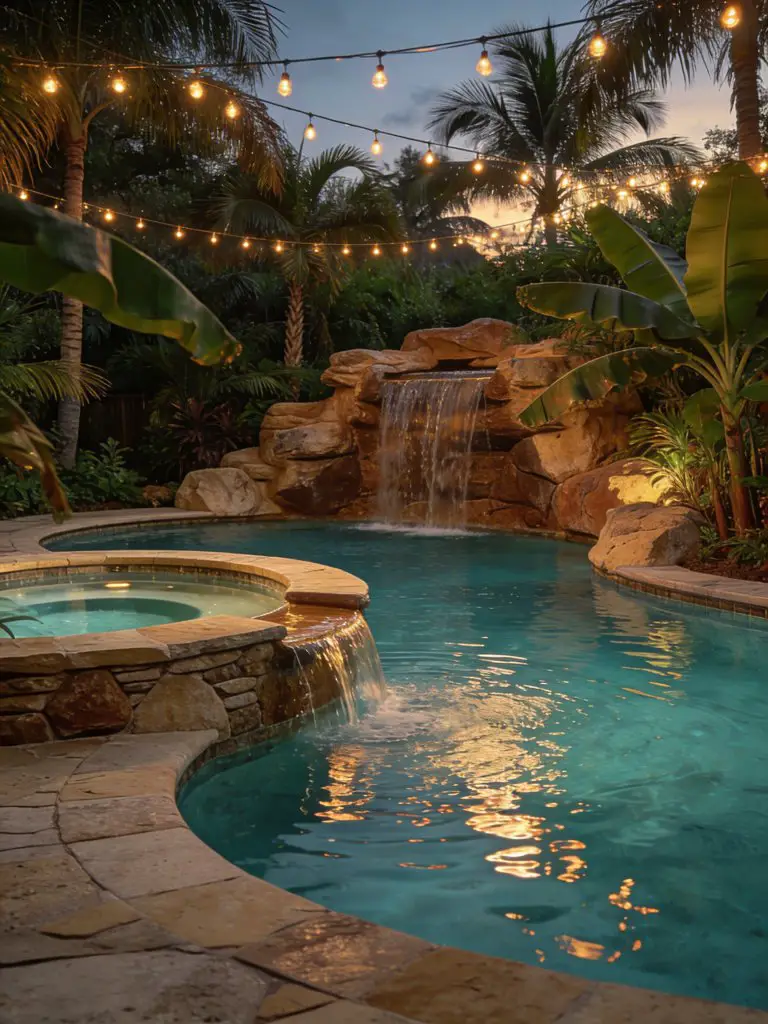 A tropical lagoon-style luxury pool backyard with an integrated spa and cascading waterfall, designed in Tropical Resort style with organic.