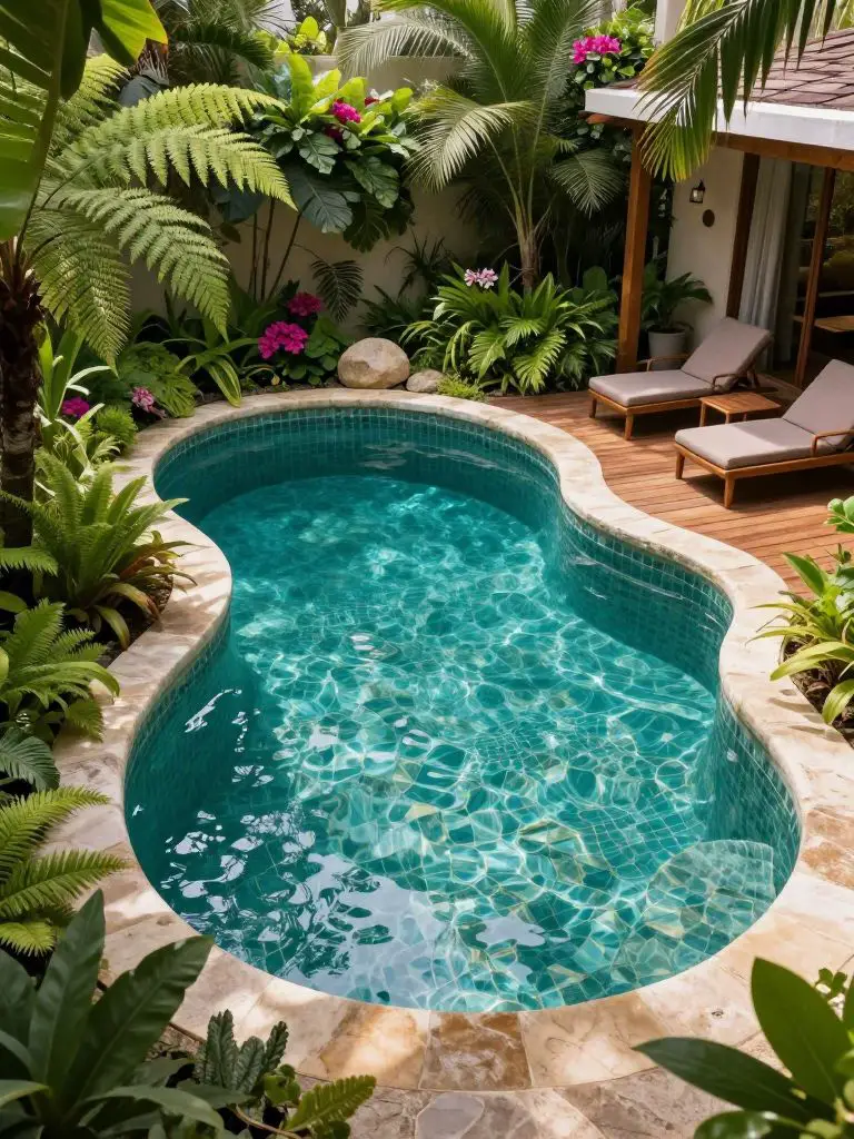 A tropical lagoon-inspired backyard spa pool designed in a lush resort style with organic curves and layered greenery.