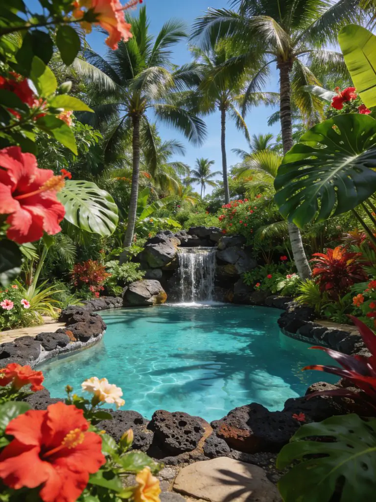 A vibrant tropical natural swimming pool backyard designed in a lush resort-style aesthetic with bold planting and organic forms.