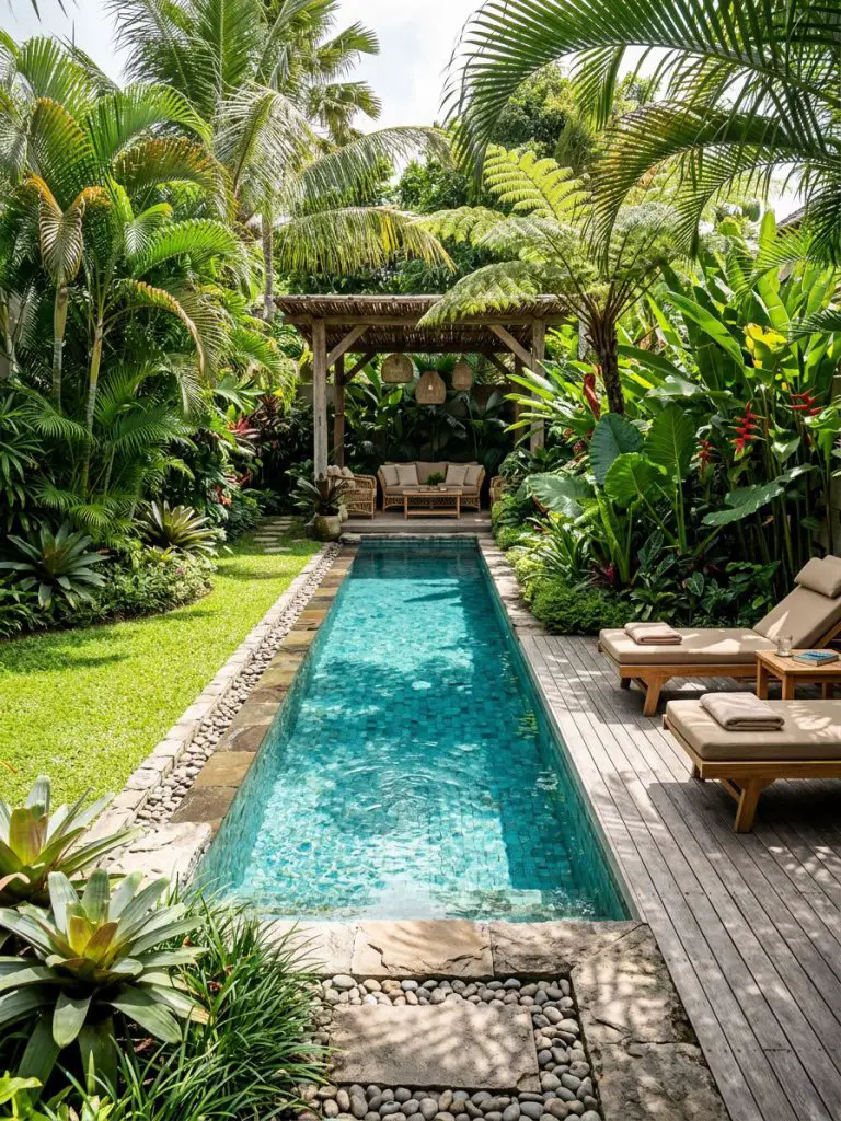 A tropical-inspired narrow lap pool set within a lush backyard, blending modern rustic and resort-style design elements.