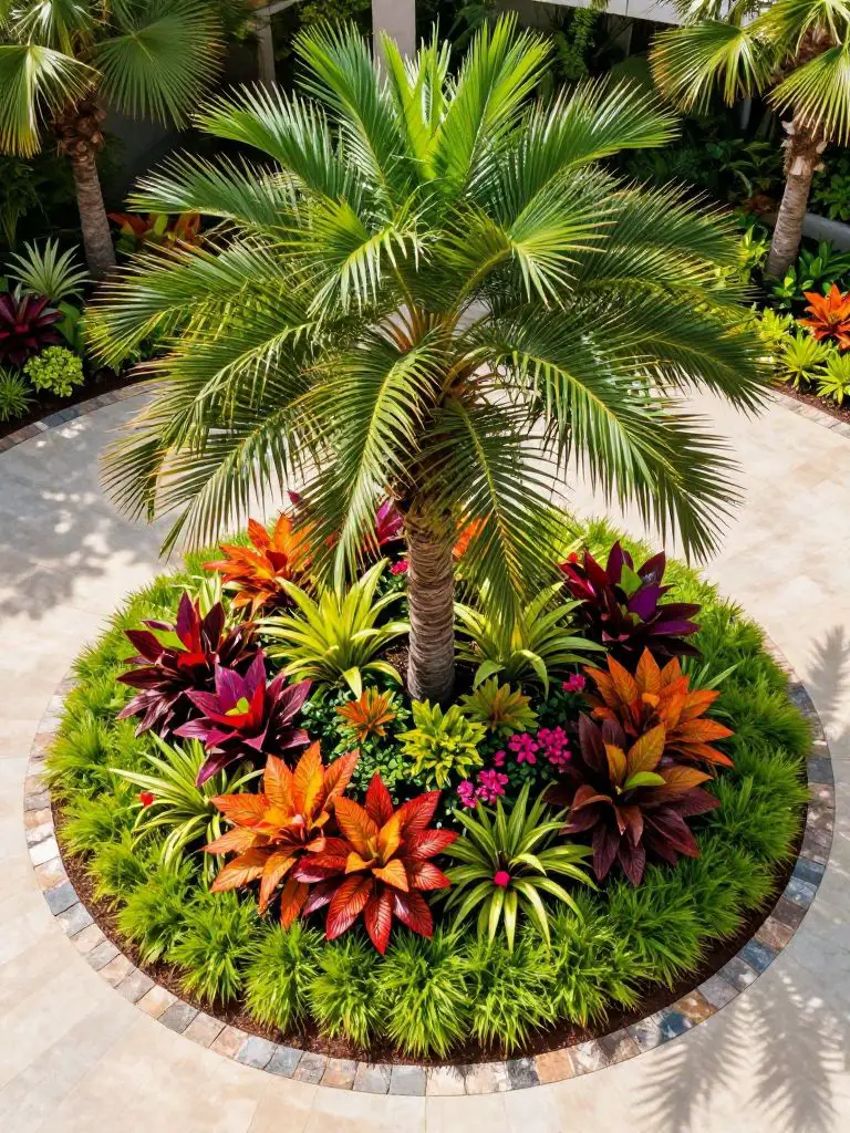 A tropical-inspired circular driveway garden with a palm tree as the central focal point, surrounded by lush layered planting.