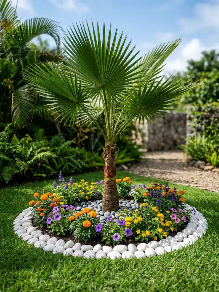 A tropical-inspired island flower bed centered around a young palm tree, designed in a clean Modern Rustic landscape style with minimalist s.