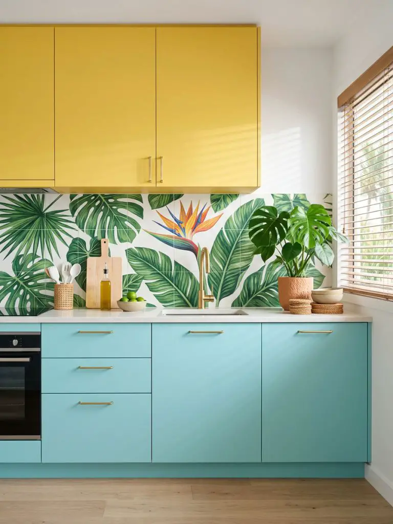 A vibrant tropical-inspired colorful minimalist kitchen with bold yellow upper cabinets and soft aqua lower cabinetry in a clean modern styl.