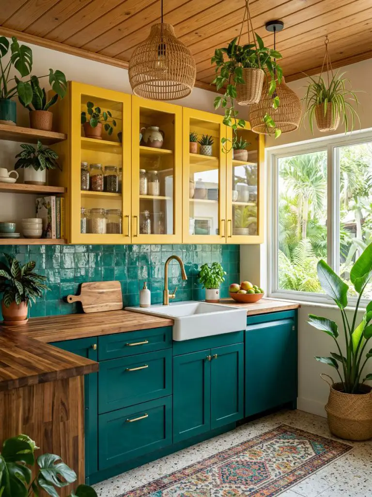 A tropical-inspired kitchen with bold yellow cabinets and deep teal lower units, designed in a modern bohemian style with natural textures.