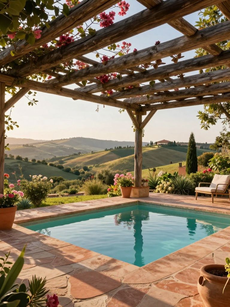A Tuscan-style hillside Mediterranean pool surrounded by lush gardens and a rustic wooden pergola.