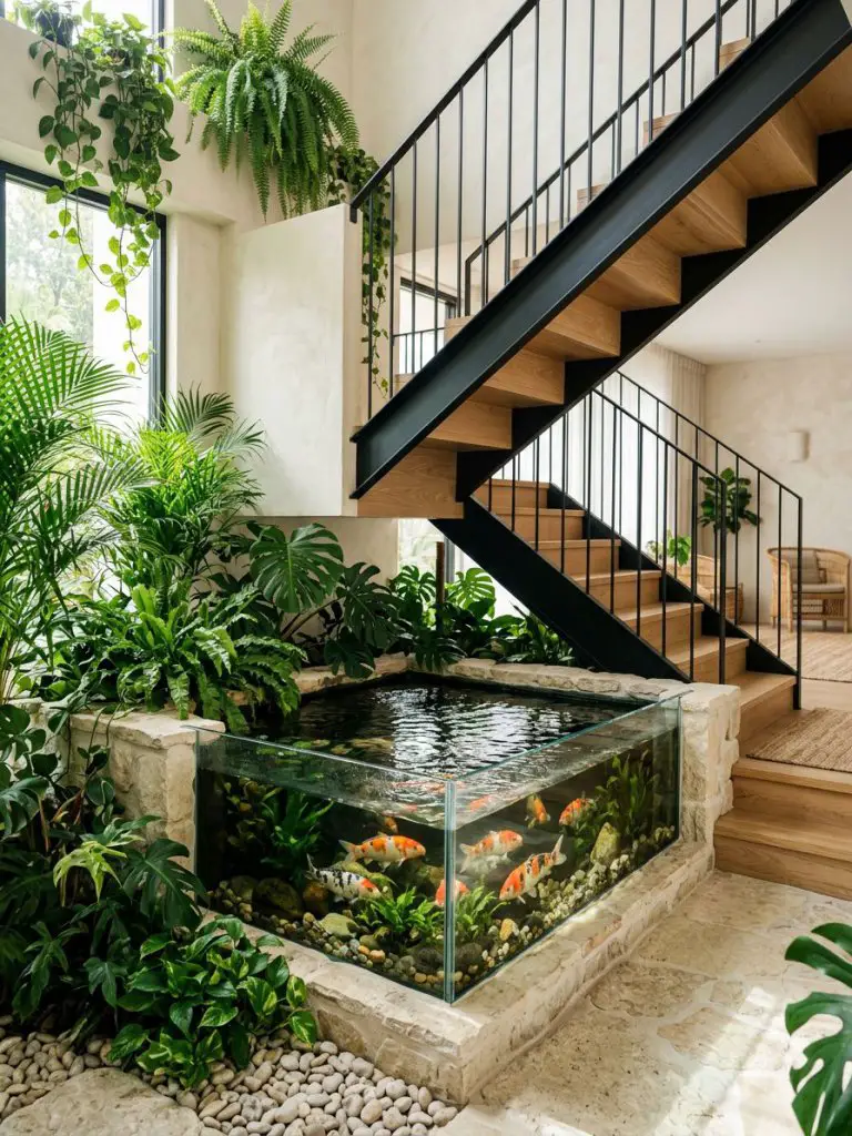 A compact indoor fish pond tucked beneath a staircase in a modern tropical interior, featuring a clear glass-sided koi pond surrounded by de.