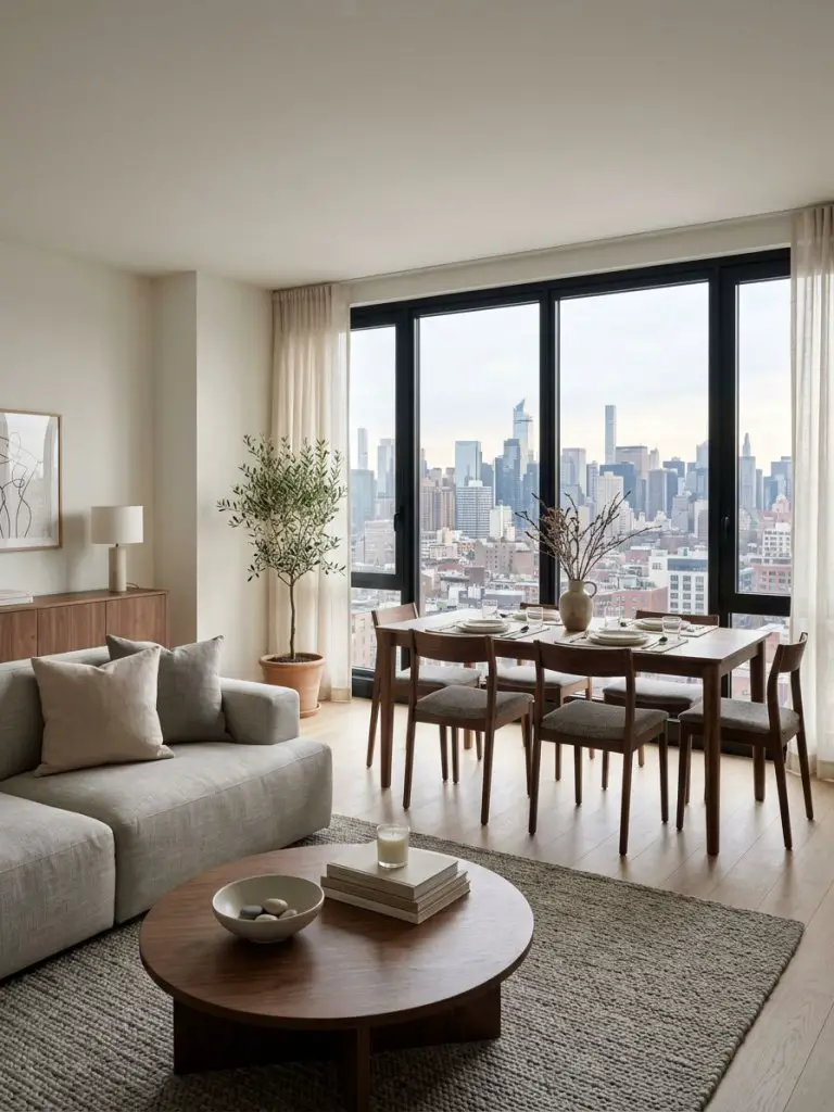 An urban minimalist living room with dining area and skyline views, designed in a modern warm minimalist style.
