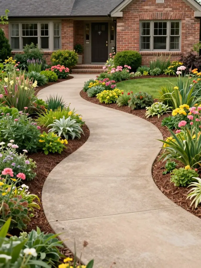 A charming curved driveway leading to a traditional home, bordered by layered garden beds filled with flowering plants and shrubs.