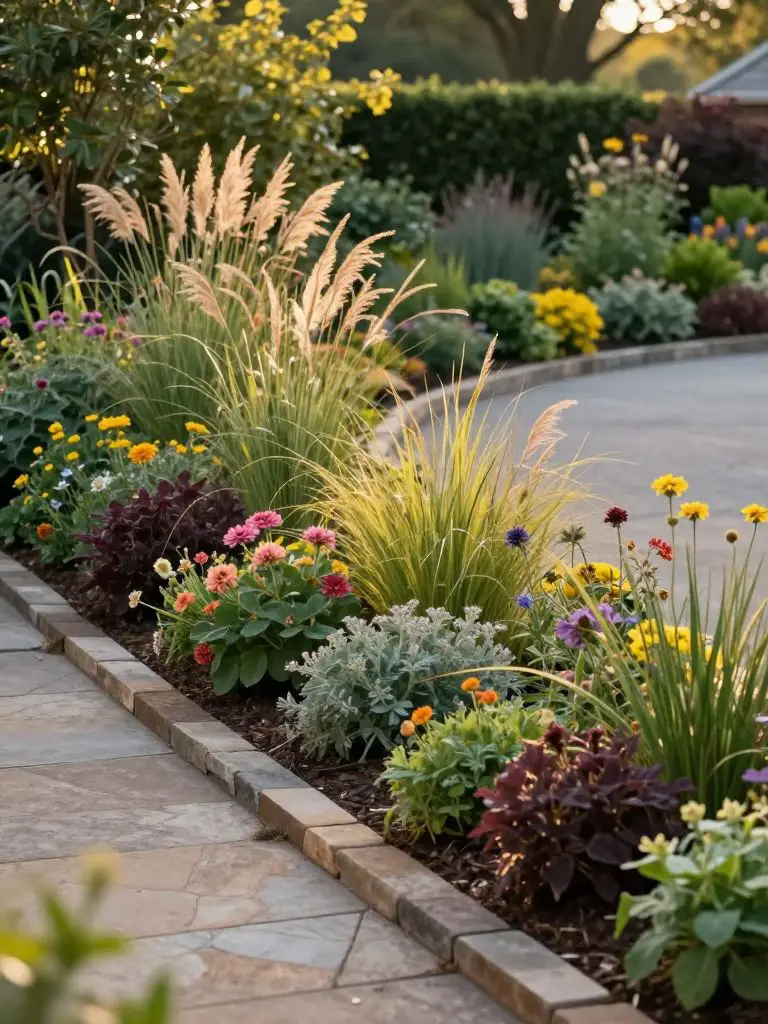 A lush cottage-style end of driveway landscaping design with layered planting beds running alongside a gently sloping driveway.