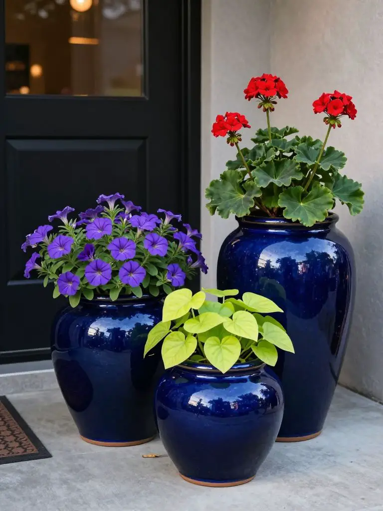 A sophisticated arrangement of three oversized ceramic glazed pots in deep navy blue.
