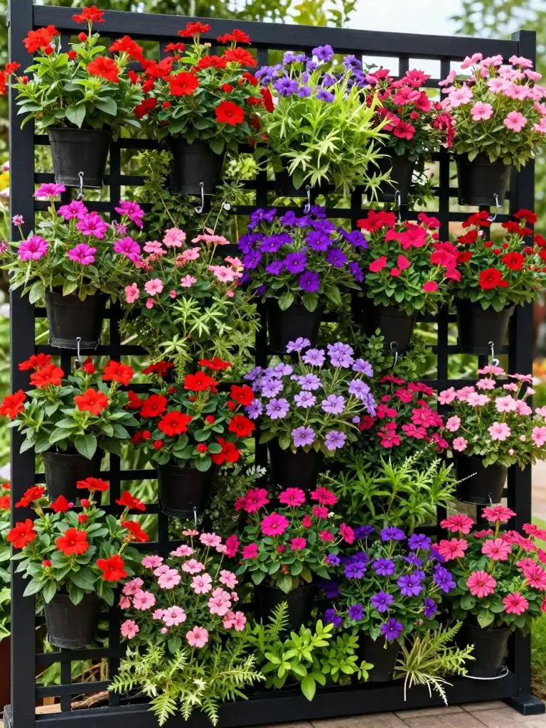 A romantic garden wedding-style vertical fence garden featuring a black trellis wall filled with cascading potted flowers.