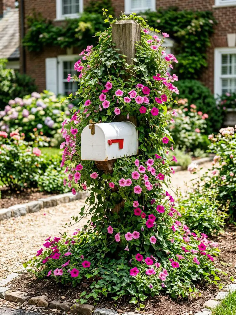 A vertical garden-style mailbox design where flowers climb and wrap the post.