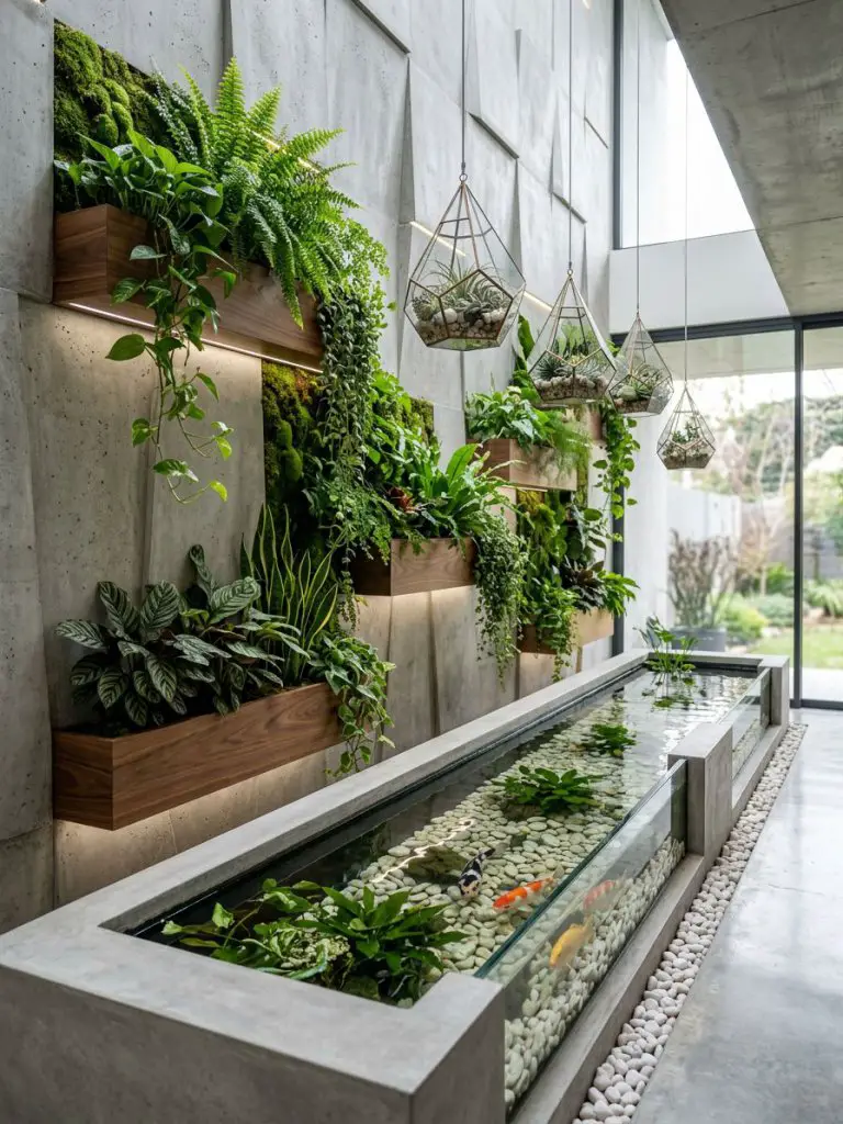 A modern indoor fish pond integrated with a textured vertical garden wall in a contemporary minimalist style, featuring geometric concrete w.