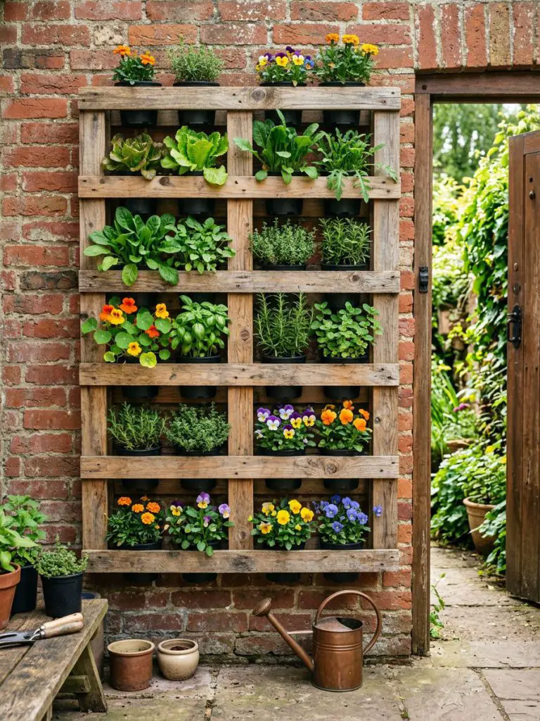 A vertical pallet flower bed mounted on a brick wall, styled in rustic DIY garden design with a modern finish.
