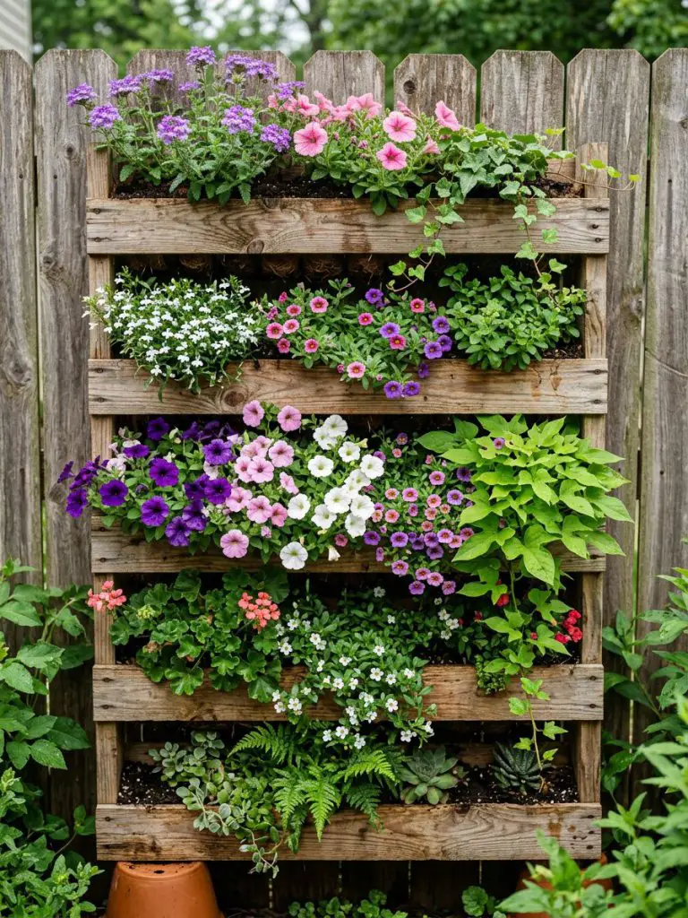 A vertical pallet garden mounted against a wooden fence, filled with cascading flowers and greenery.