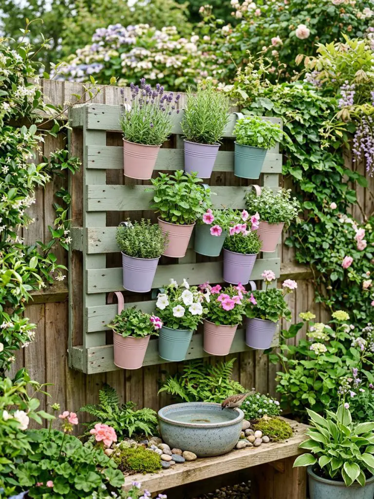 A vertical garden scene featuring a repurposed wooden pallet with hanging planters, complementing a small integrated bird bath area below.