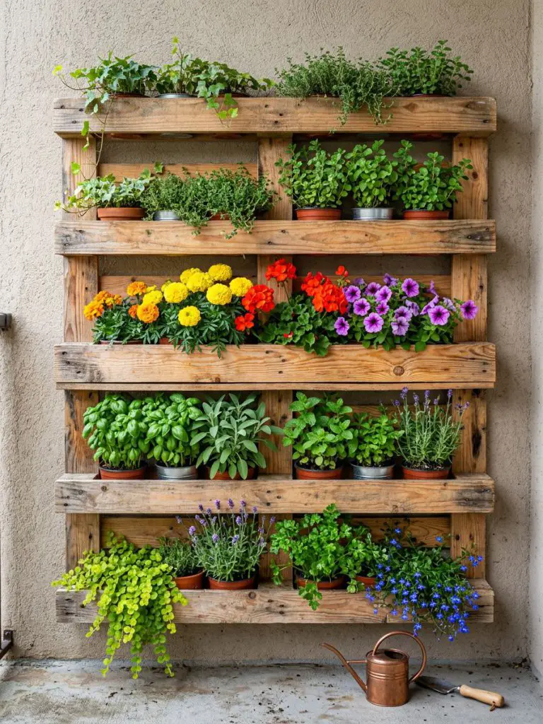 A vertical pallet planter transformed into a layered flower bed wall, featuring multiple horizontal rows filled with herbs, flowers, and tra.