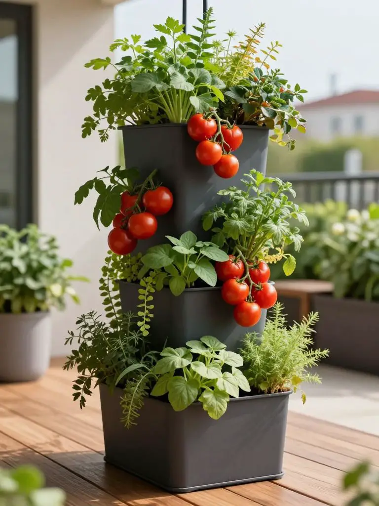 A compact patio vertical garden in a warm minimalist style, featuring a tall stacked planter overflowing with herbs and cherry tomatoes.